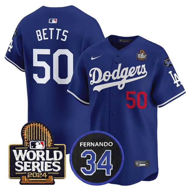 Men%27s Los Angeles Dodgers #50 Mookie Betts Royal 2024 World Series With Fernando Memorial Patch Limited Stitched Baseball Jersey